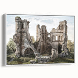 Framed canvas of vintage poster art depicting ancient ruins in muted earth tones, ideal for living room decor.