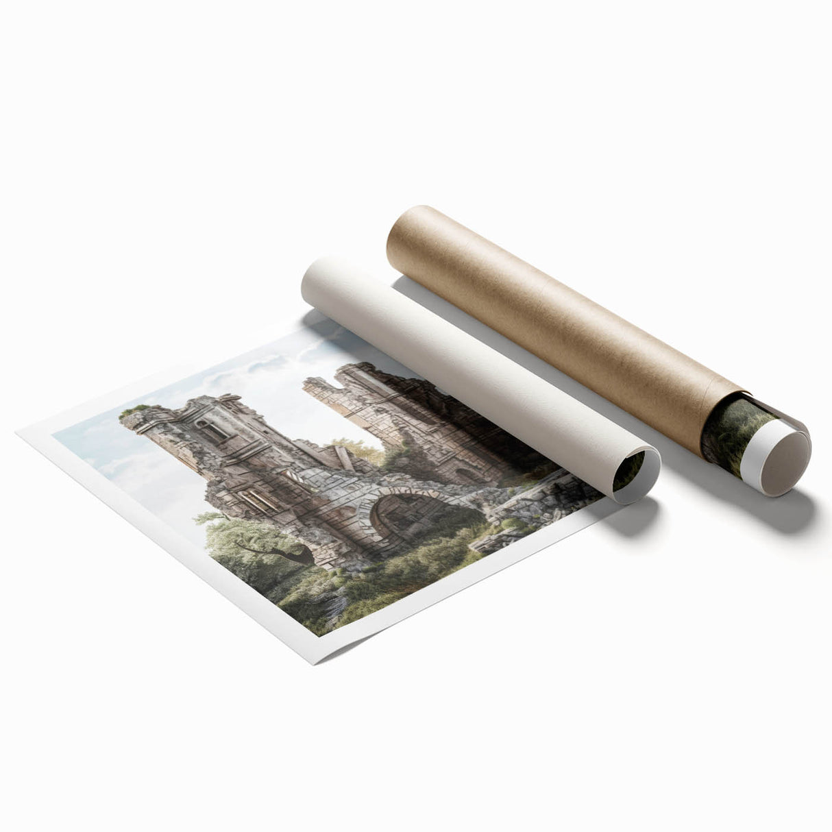 Extra large rolled print of ancient ruins with floral designs in muted earth tones.