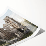 Extra large wall art featuring line art flowers on ancient ruins, in monochrome, ideal for large living room decor.