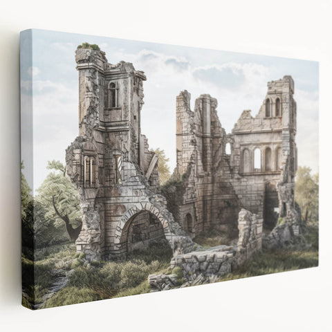 Side view of a stretched canvas featuring ancient ruins architecture in earth tones, suitable for kitchen wall art.