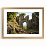 Textured art of abstract ancient ruins in muted earth tones, framed in gold, ideal for bedroom art.