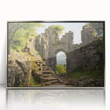 Mid-century modernist art depicting ancient ruins in muted earth tones, framed in silver acrylic.