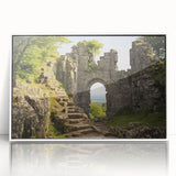 Art deco poster of ancient ruins in muted gray and blue tones, framed acrylic, ideal for nursery wall art.