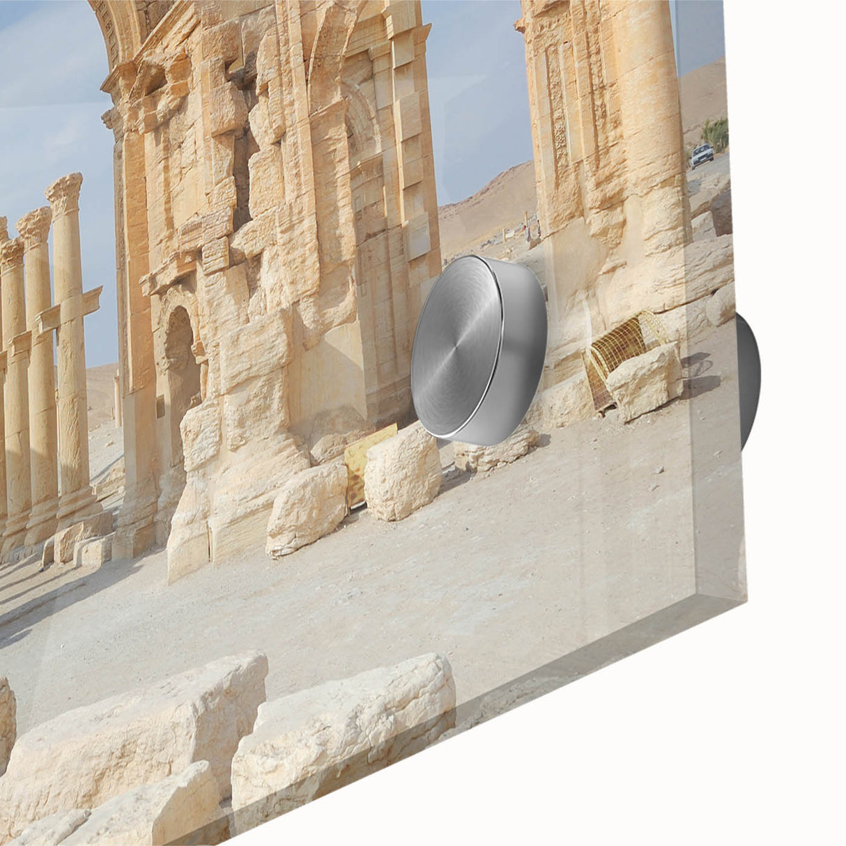 Mid-century modernist large abstract art print of ancient ruins in muted earth tones on acrylic glass.