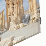 Mid-century modernist large abstract art print of ancient ruins in muted earth tones on acrylic glass.