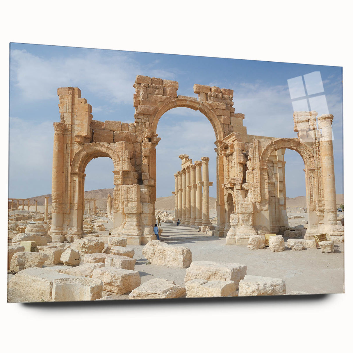 Acrylic glass print of ancient ruins in neutral tones, suitable for bedroom or dining room decor.