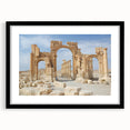 Extra large abstract art print of colorful ancient ruins, textured on black framed canvas, ideal for living room decor.