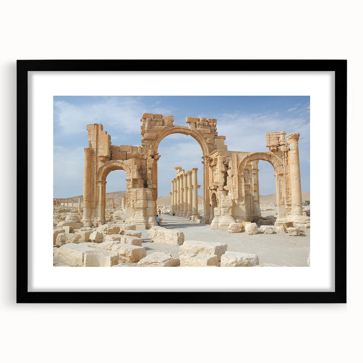 Extra large abstract art print of colorful ancient ruins, textured on black framed canvas, ideal for living room decor.