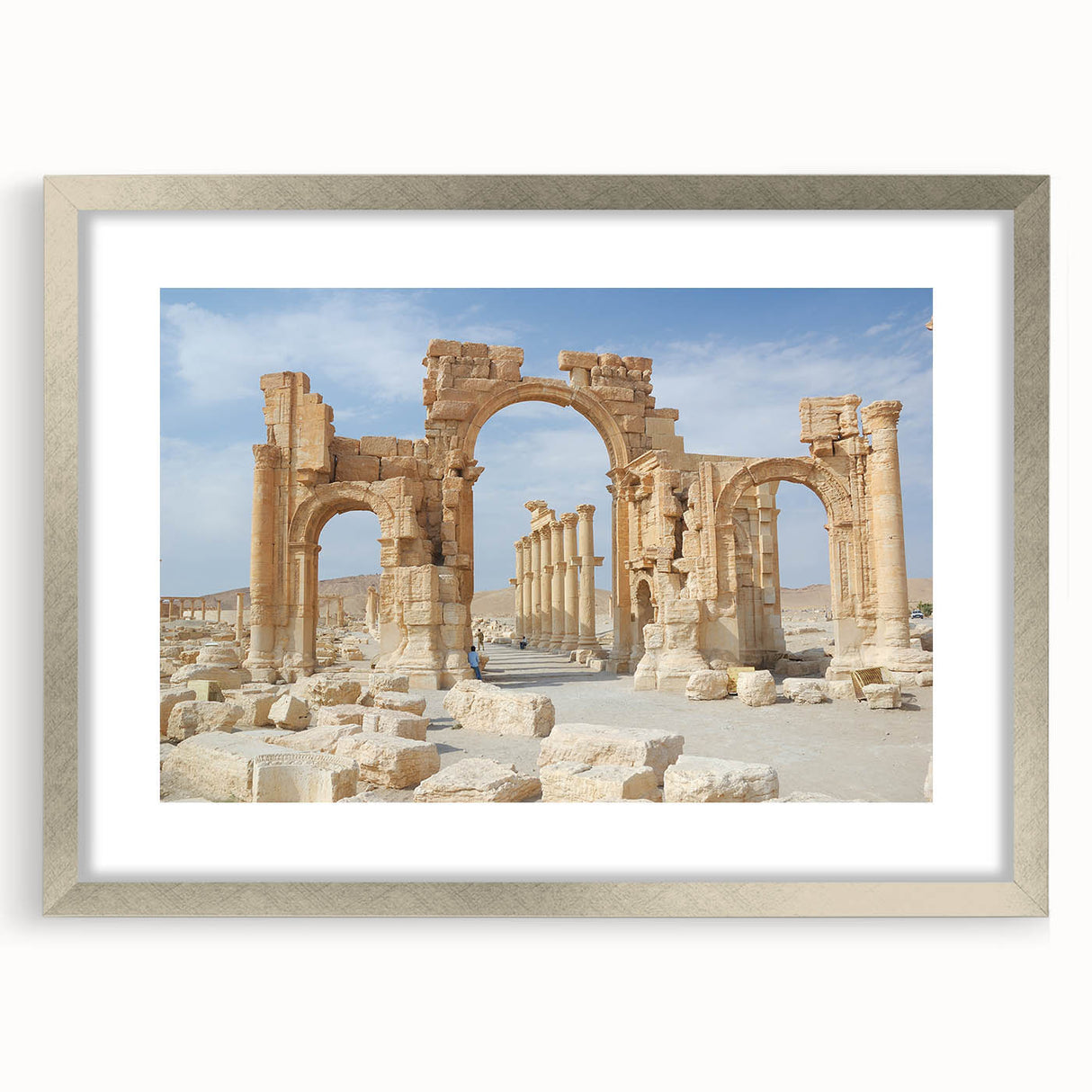 Abstract art print of ancient ruins in muted earth tones on a framed canvas, suitable for dining room decor.