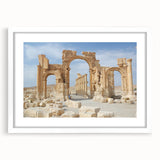 Extra large abstract art print depicting ancient ruins in textured gray and earth tones on a white matted frame.