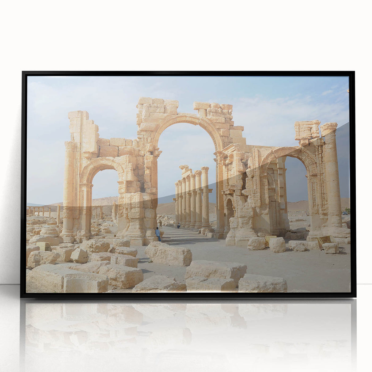 Large abstract wall art depicting ancient ruins in muted earth tones on a framed acrylic, suitable for modern art wall decor.