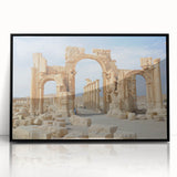 Large abstract wall art depicting ancient ruins in muted earth tones on a framed acrylic, suitable for modern art wall decor.