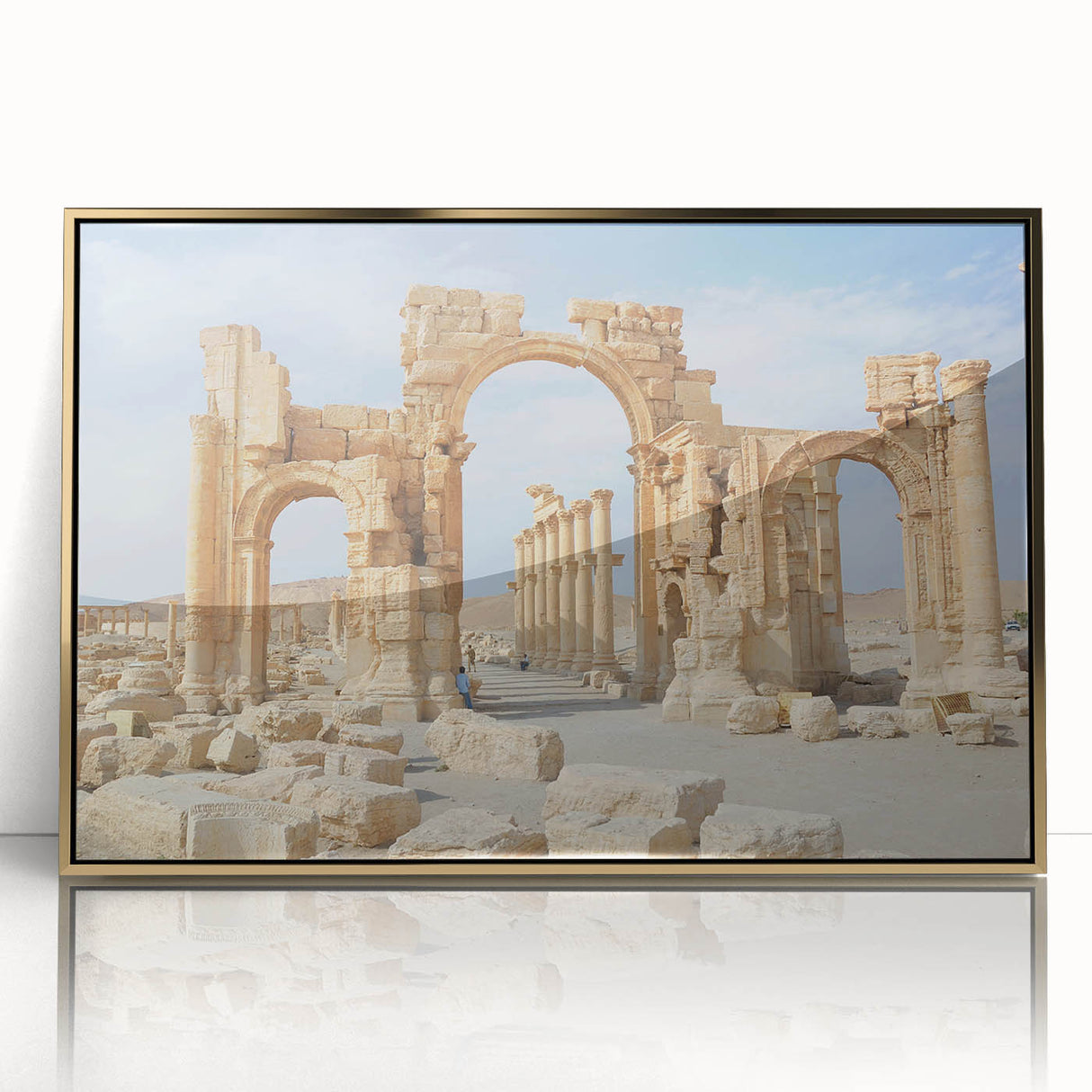 Mid-century modernist art depicting ancient ruins in muted gold tones, framed acrylic print.
