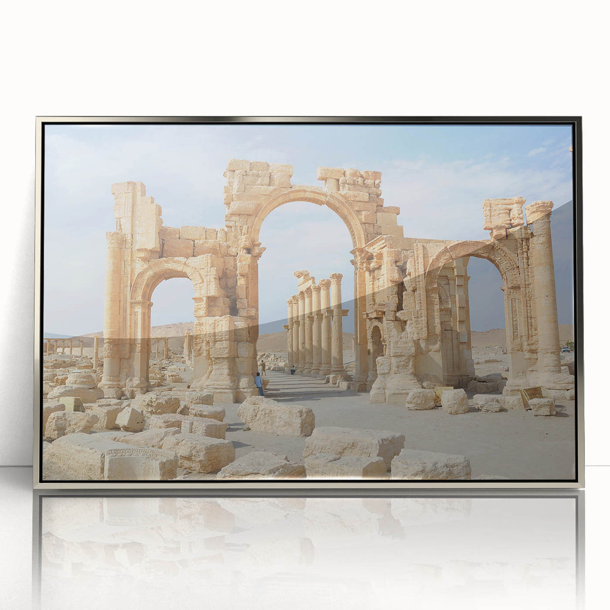 Art deco poster of ancient ruins in muted gray, framed in silver acrylic, suitable for modern art wall decor.