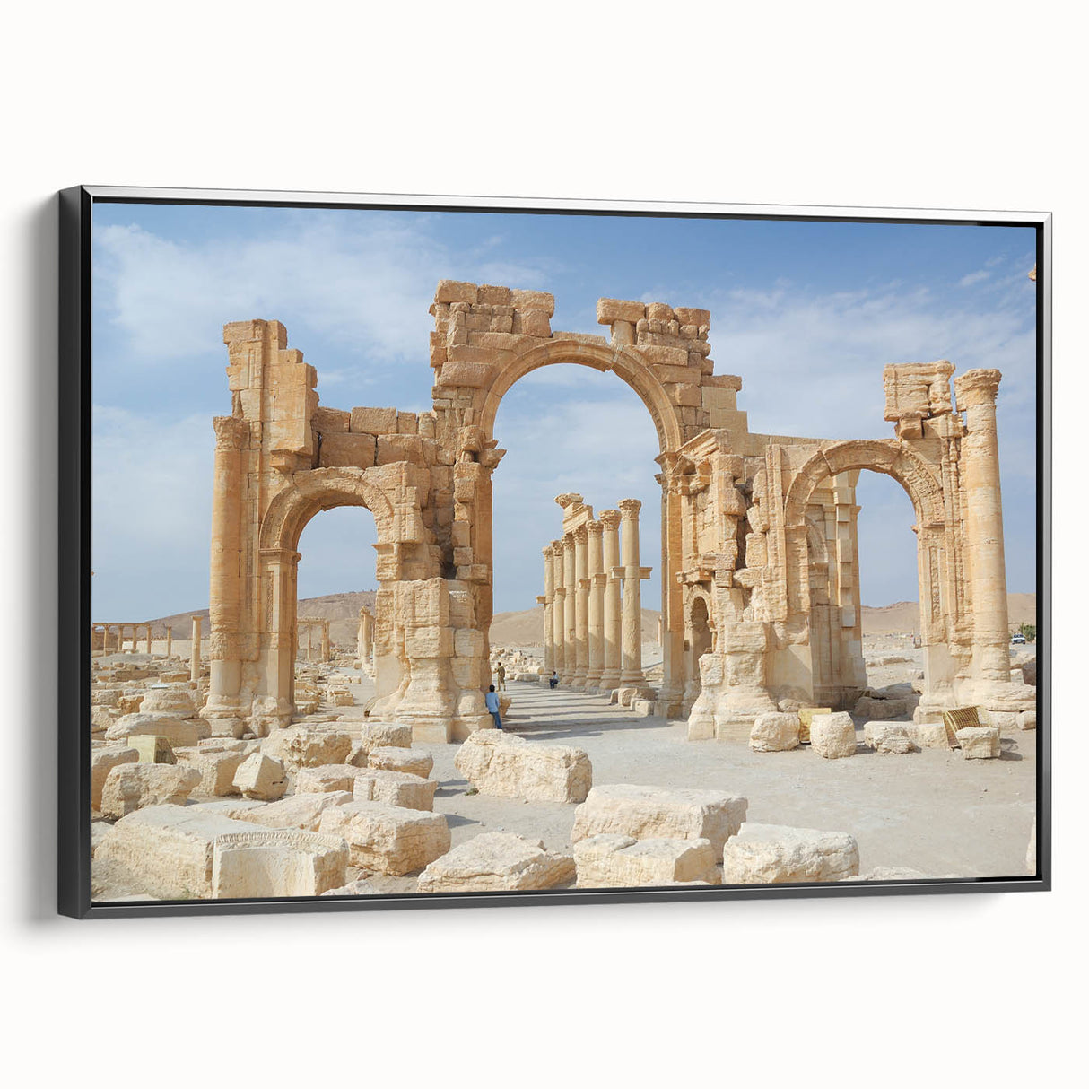 Black and white framed canvas depicting ancient ruins in a vintage poster style, suitable for bedroom wall decor.