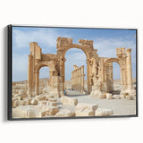 Black and white framed canvas depicting ancient ruins in a vintage poster style, suitable for bedroom wall decor.