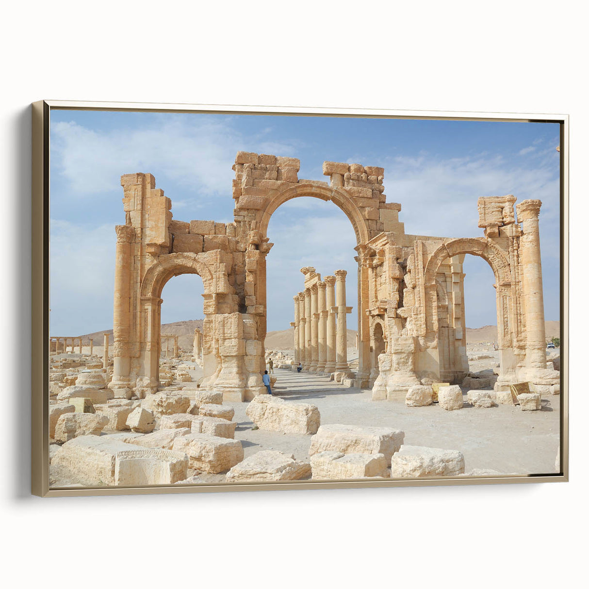 Framed canvas featuring a landscape art painting of ancient ruins in a vintage poster style with a predominantly black and…