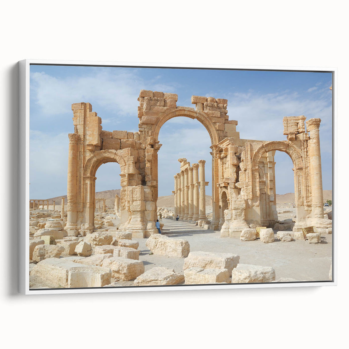 Framed canvas featuring black and white vintage poster art of ancient ruins, ideal for bedroom wall art.