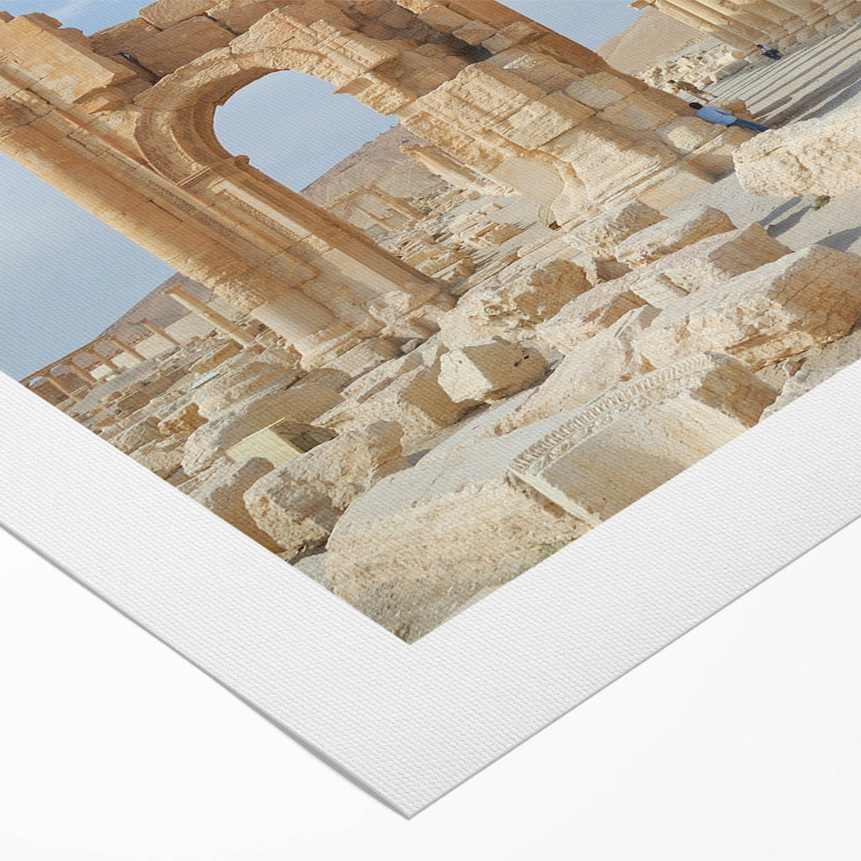 Art deco poster of ancient ruins in muted earth tones on a rolled canvas, suitable for dining room decor.