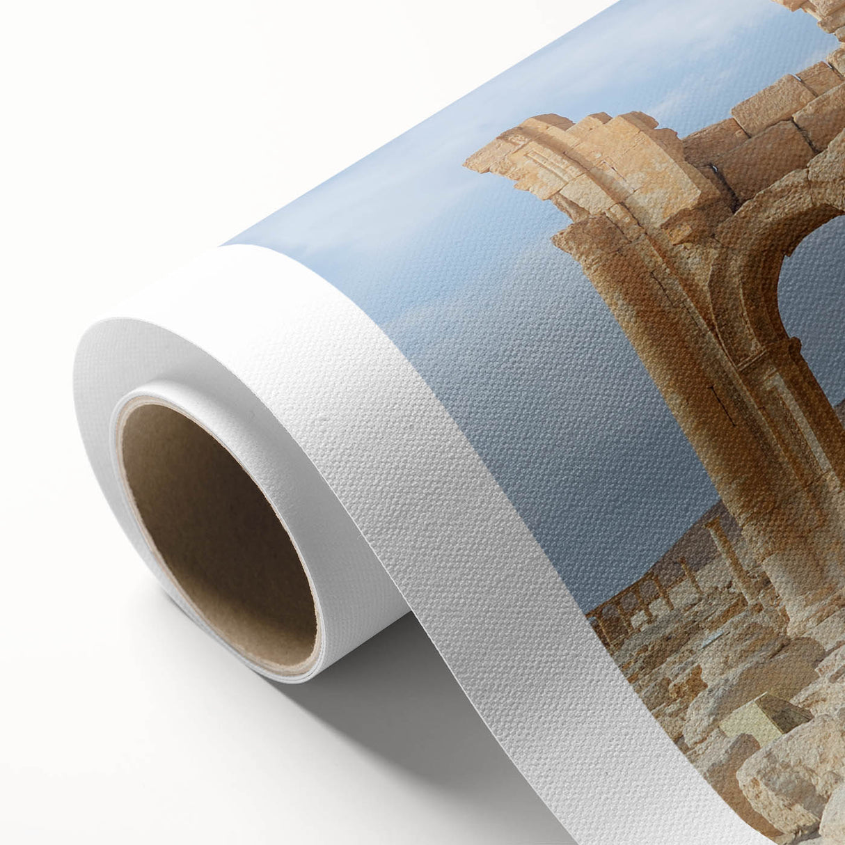 Art deco poster of ancient ruins in muted earth tones on rolled canvas, ideal for nursery wall art or dining room.