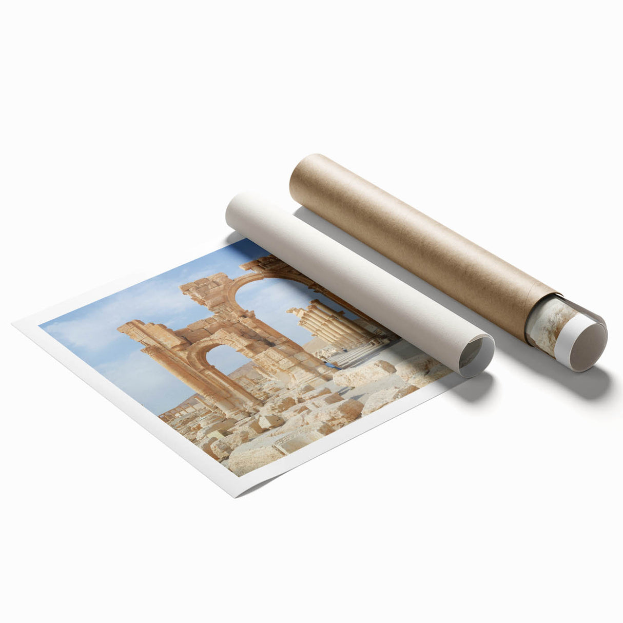 Extra large rolled print of ancient ruins in muted earth tones, ideal for classy bathroom wall art.