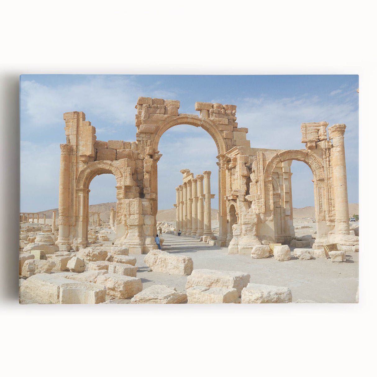 Black and white print of ancient ruins on stretched canvas, ideal for kitchen wall art.