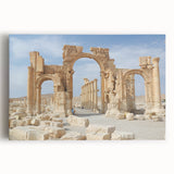 Black and white print of ancient ruins on stretched canvas, ideal for kitchen wall art.