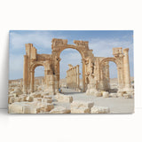 Black and white photo of ancient ruins on stretched canvas, ideal for kitchen wall art or bedroom decor.