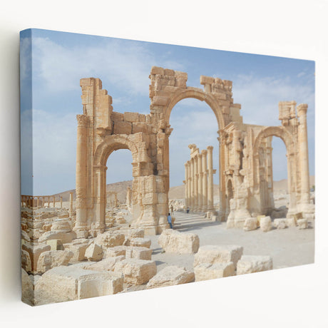 Side view of a stretched canvas depicting ancient ruins in muted earth tones, ideal for kitchen wall art.