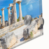 Mid-century modernist large art print of ancient ruins on acrylic glass, using muted earth tones, ideal for dining room art.