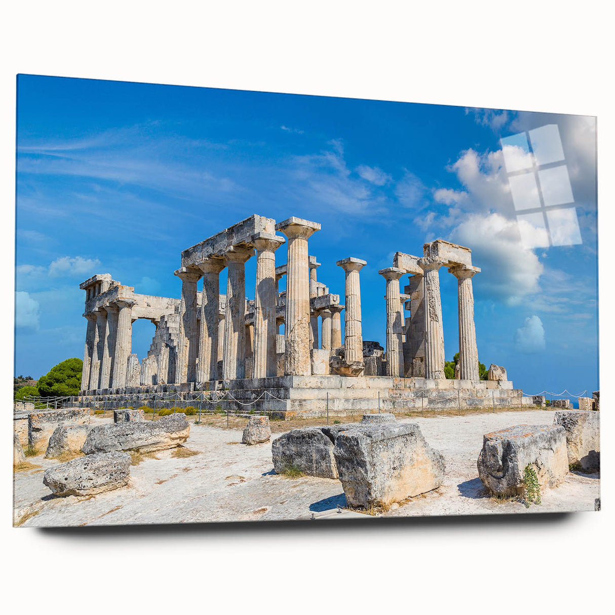 Large abstract wall art of ancient ruins in muted earth tones on acrylic glass, suitable for bedroom or dining room decor.