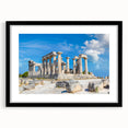 Extra large abstract art print of colorful, textured ancient ruins on a black framed canvas, ideal for living room decor.
