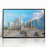 Large abstract wall art featuring mid-century modernist style ancient ruins in muted earth tones, framed in black acrylic.