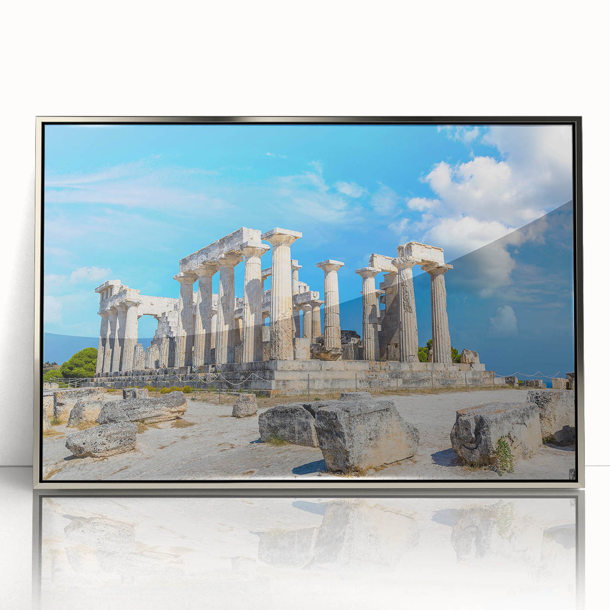 Mid-century modernist art depicting ancient ruins in muted earth tones on a framed acrylic, ideal for modern art wall decor.