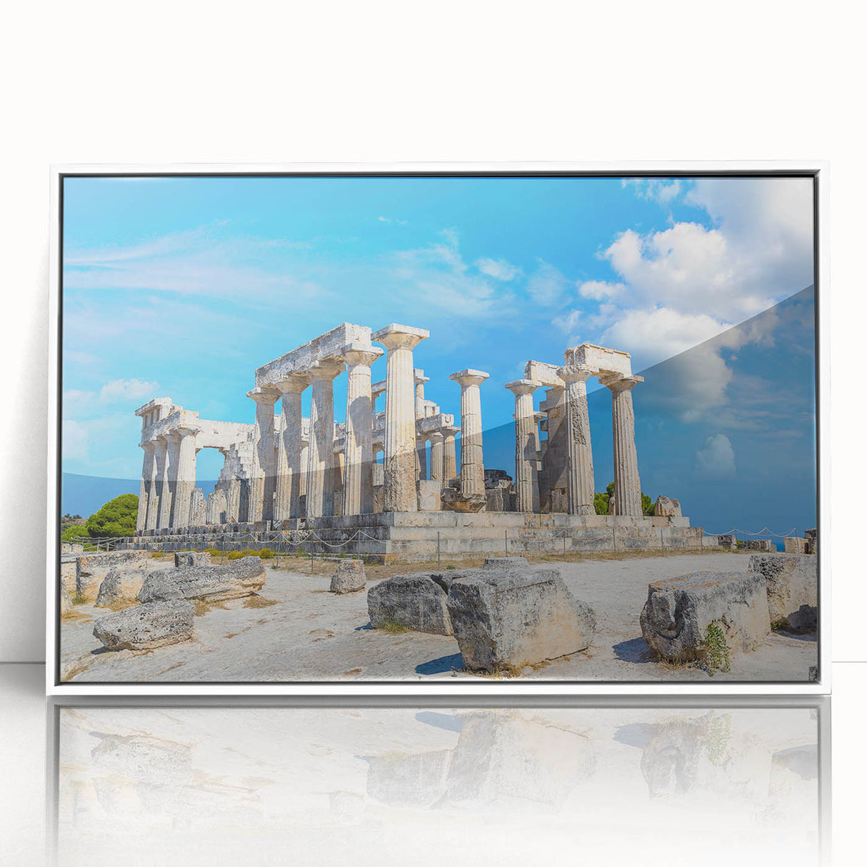 Framed acrylic print of ancient ruins in art deco style, using subdued earth tones, ideal for modern art wall decor.