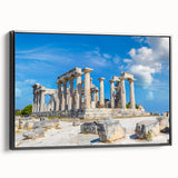 Black and white wall art featuring ancient ruins landscape on framed canvas, ideal for bedroom decor.