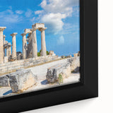 Framed canvas depicting ancient ruins in textured black and colorful art, ideal for extra large wall art in living rooms.