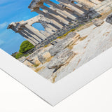 Art deco poster of ancient ruins in muted earth tones on rolled canvas.