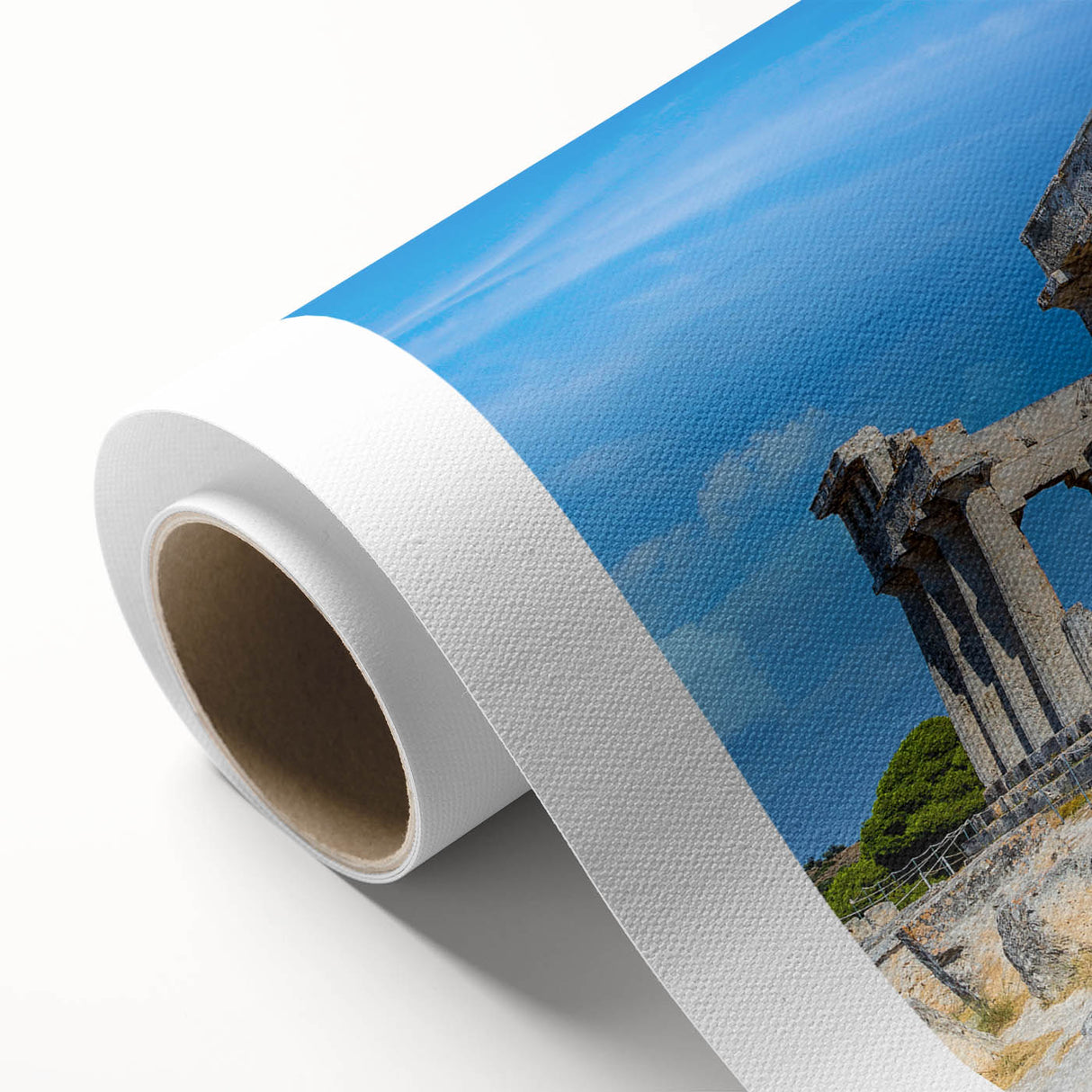 Art deco poster of ancient ruins in muted beige and brown, rolled canvas format.
