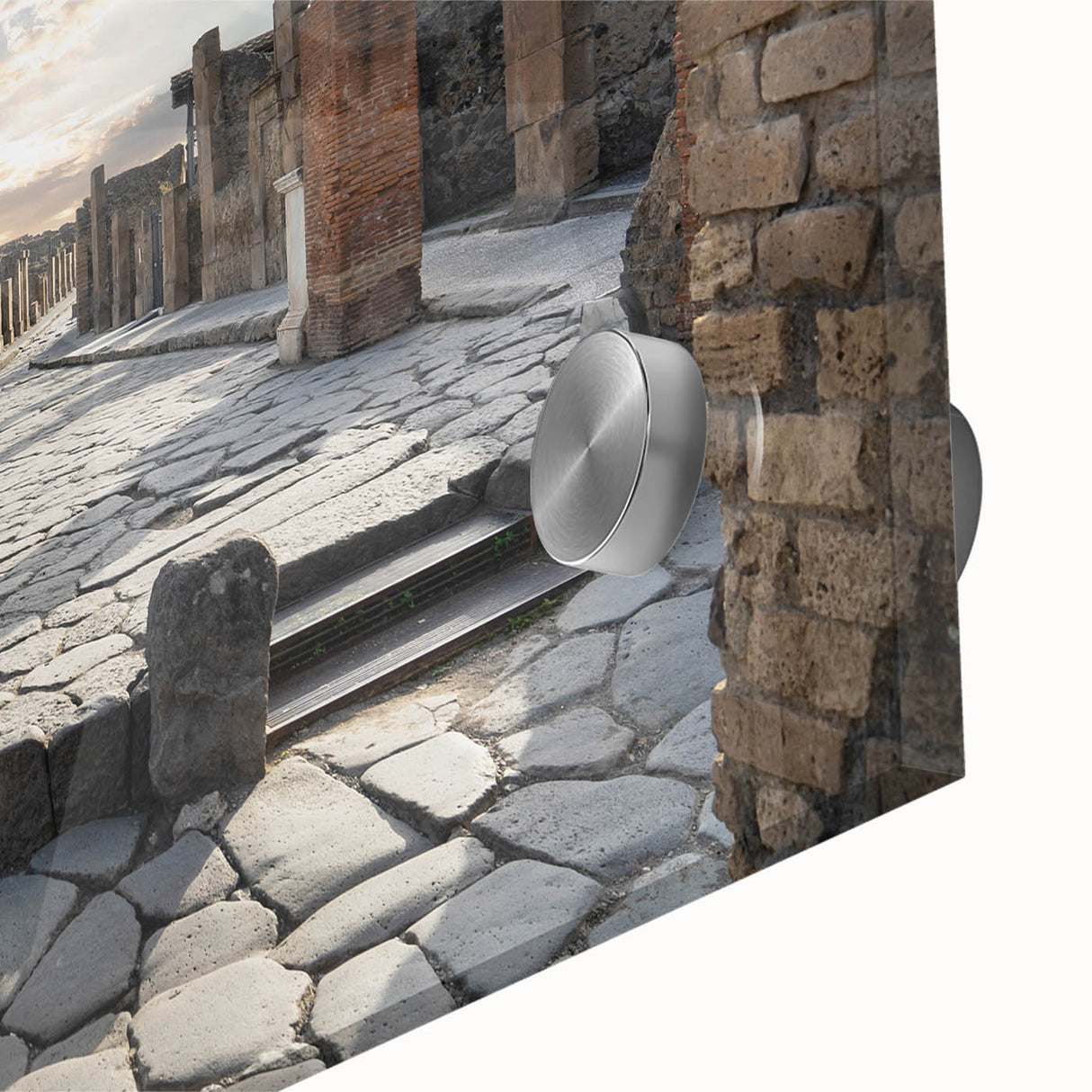 Mid-century modernist large abstract wall art of ancient ruins in muted earth tones on acrylic glass.