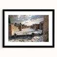 Abstract art print of colorful, textured ancient ruins on a large canvas, framed in black, ideal for living room decor.