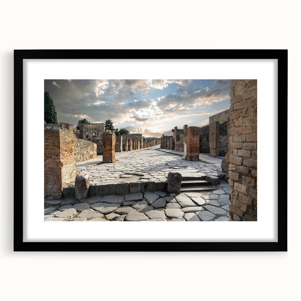 Abstract art print of colorful, textured ancient ruins on a large canvas, framed in black, ideal for living room decor.