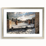 Abstract art print of ancient ruins in muted earth tones on a framed silver mat, suitable for dining room decor.