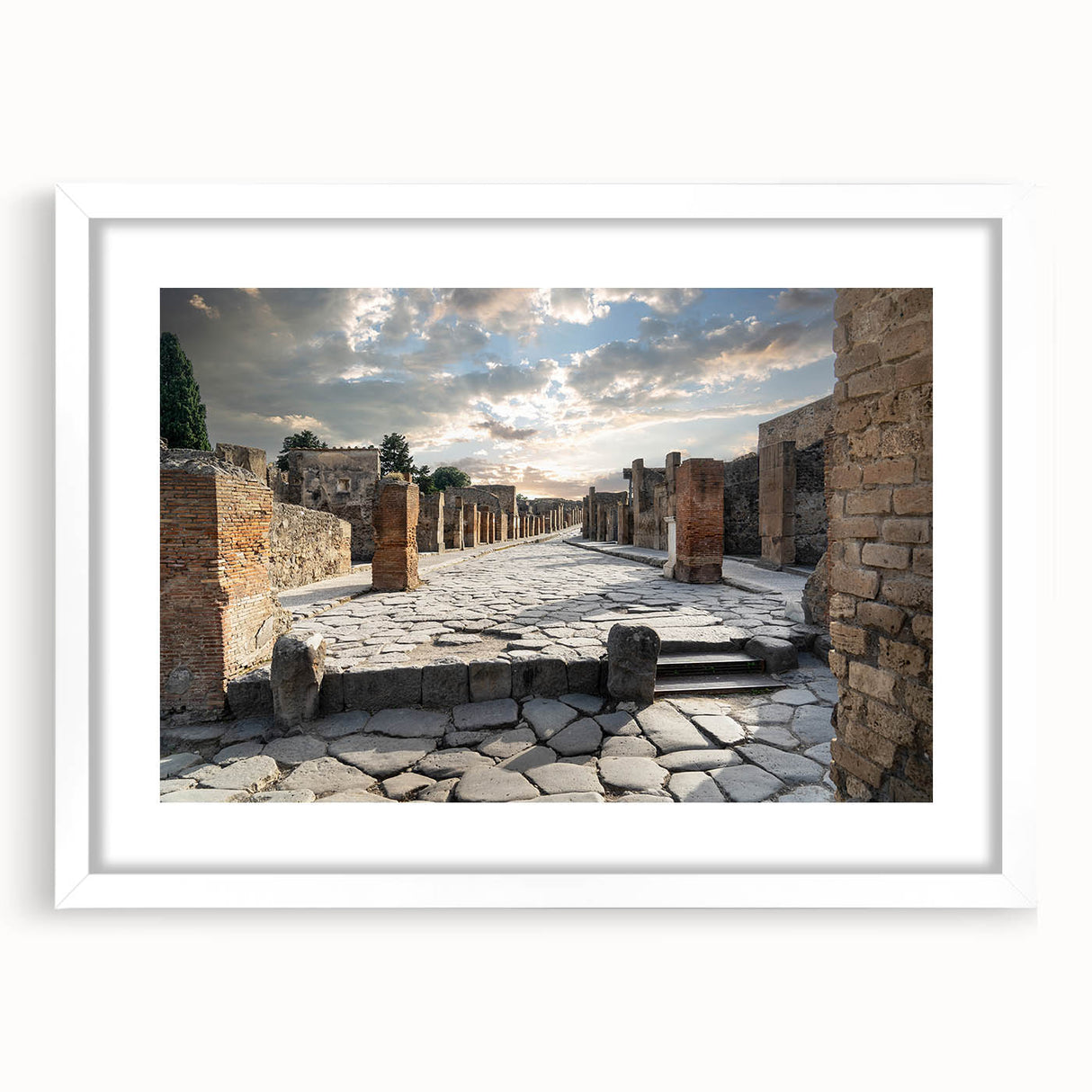 Extra large abstract art print of ancient ruins in textured gray tones, framed with a white mat, ideal for living room decor.