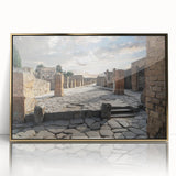 Mid-century modernist art depicting ancient ruins in muted gold and beige tones on a framed acrylic print.