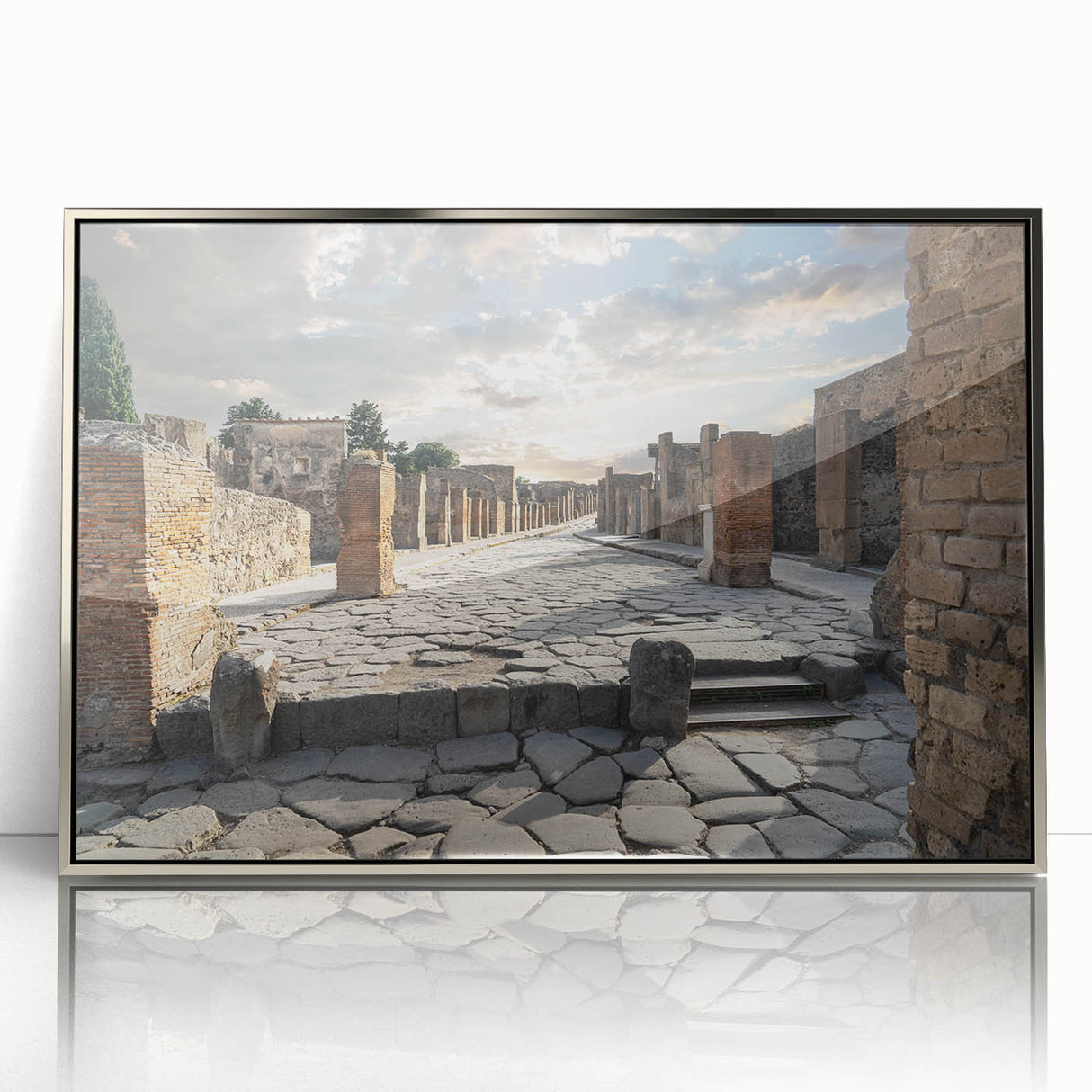 Art deco poster of ancient ruins in muted silver and gray tones on a framed acrylic, suitable for modern art wall decor.