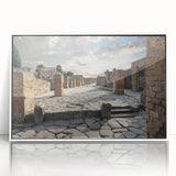 Acrylic print of ancient ruins in muted earth tones, framed in white, suitable for modern art wall decor.