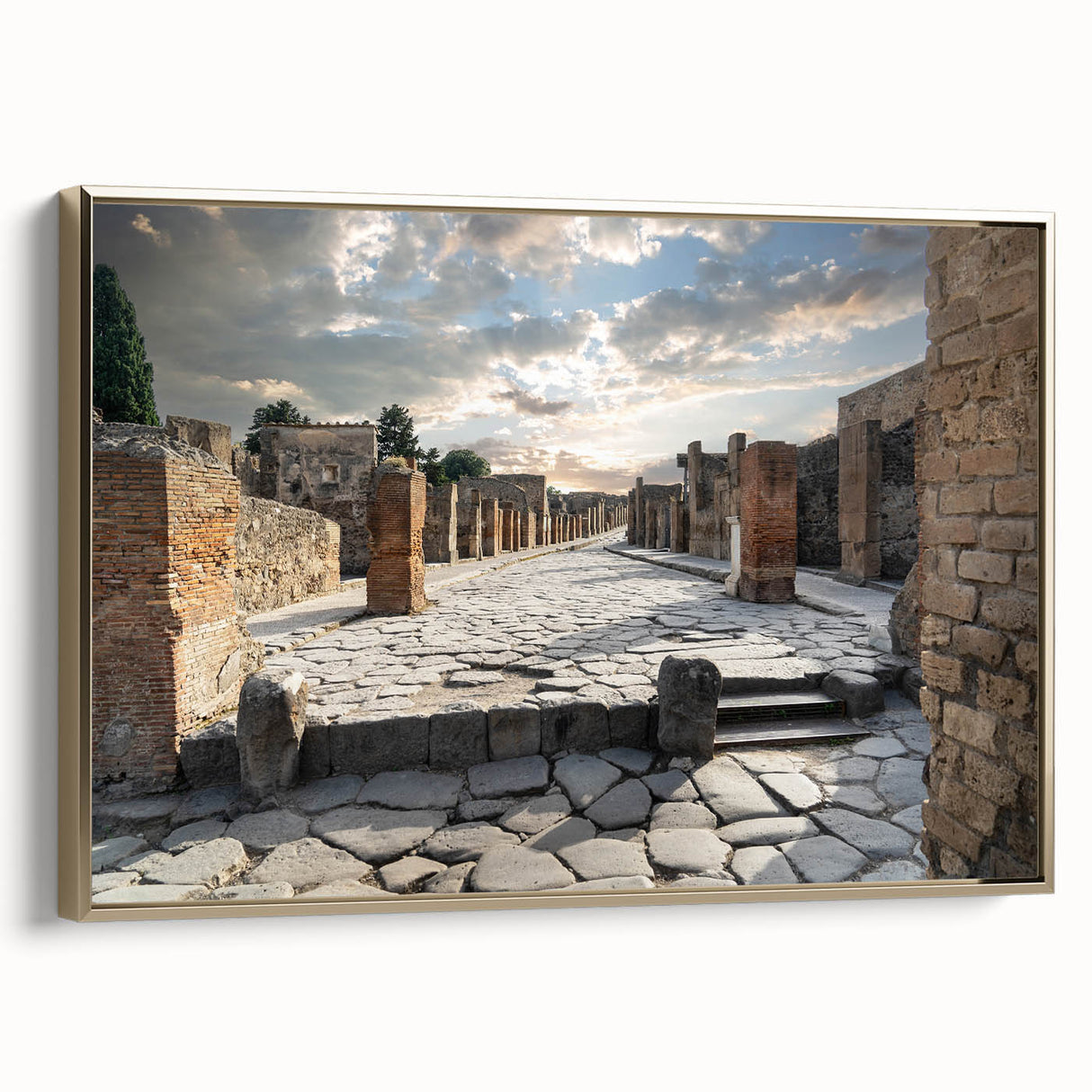Framed canvas of ancient ruins in muted earth tones, ideal for adding a vintage touch to any living room.