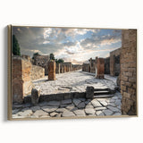 Framed canvas of ancient ruins in muted earth tones, ideal for adding a vintage touch to any living room.