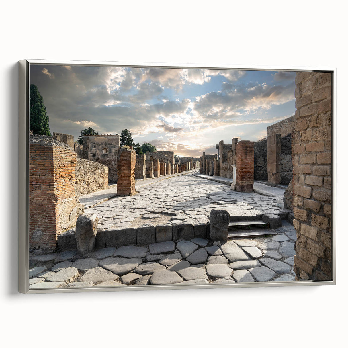 Vintage poster art of ancient ruins in muted earth tones on a large framed canvas, suitable for living room decor.